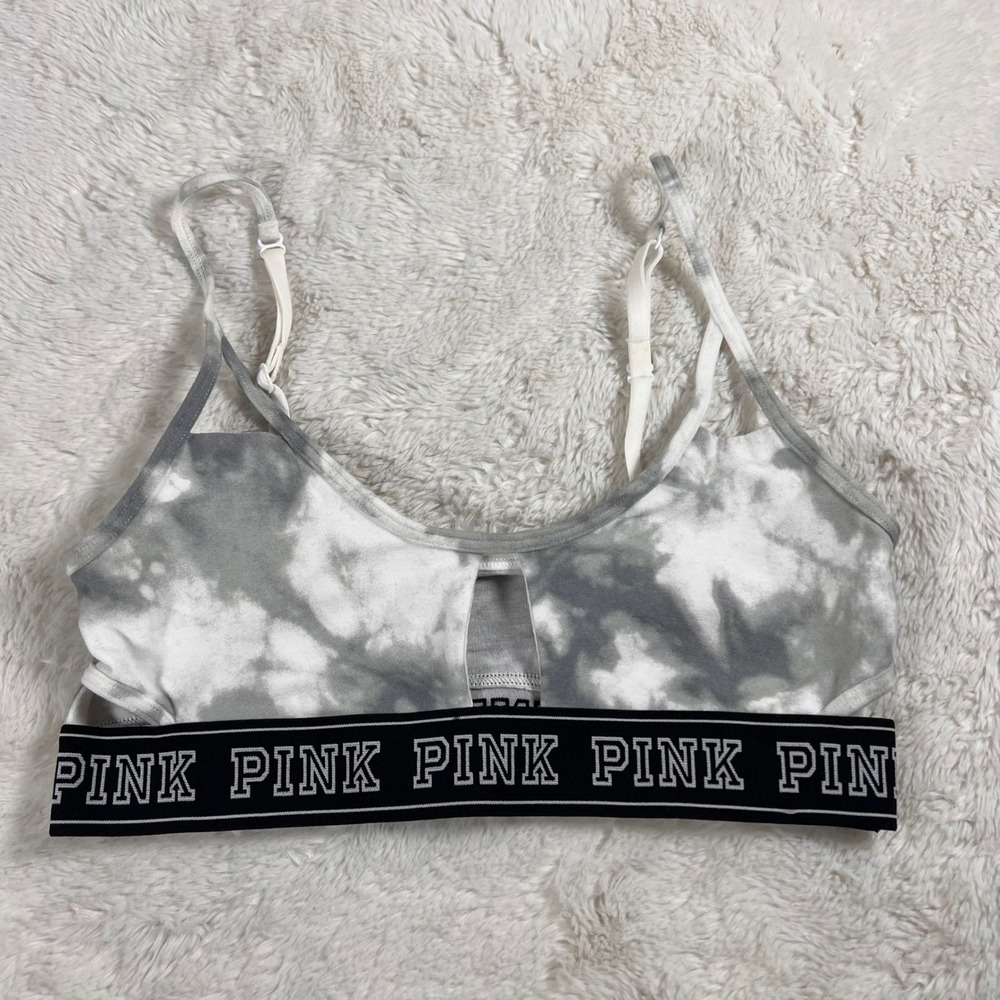 PINK Victoria's Secret Tie Dye Bralette Grey White Keyhole Logo Band XS/S NWOT